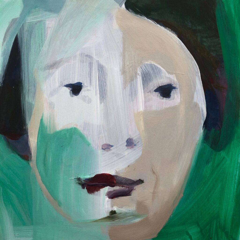 2021. Achter het gezicht. Green girl. 20 x 20 cm. acryl op hout. Private Collection