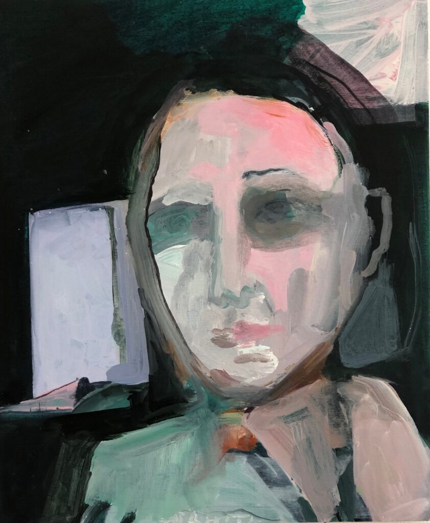 2021. Achter het gezicht. Green portret. 20 x 20 cm. acryl op hout.