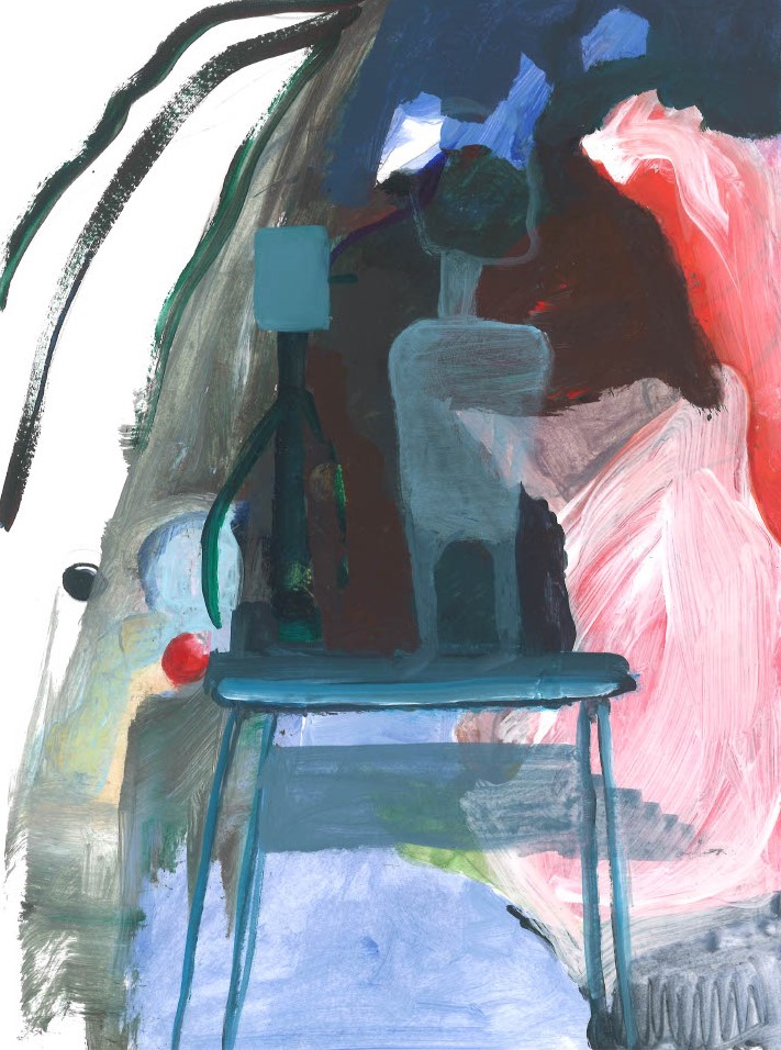 Project. Rondom de tafel. Het meisje op de tafel. 21-x-29.7-cm. acryl op papier