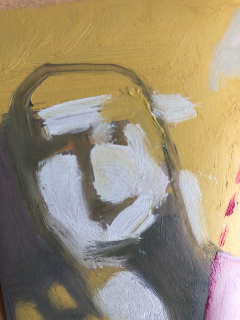 Project. Achter het gezicht. 2021 happy face. 7 x 9 cm. olie op papier.
