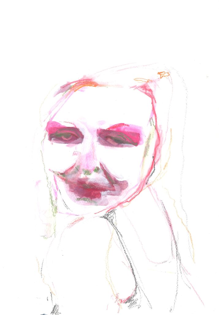 2021. Achter het gezicht. De ondergang. 29.7. x 42 cm. mixed media op papier.