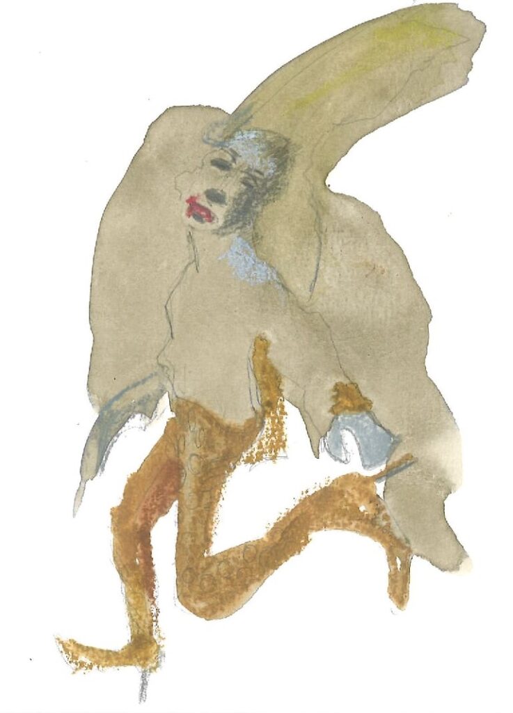 Lichaamstaal. Op weg. 13 x 15 cm aquarel en mixedmedia op papier