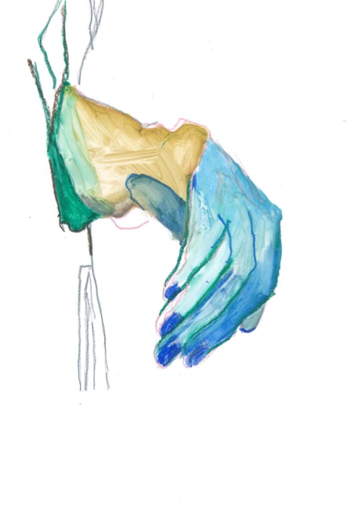 Lichaamstaal. De hand. 21 x 29.7. olie op papier.