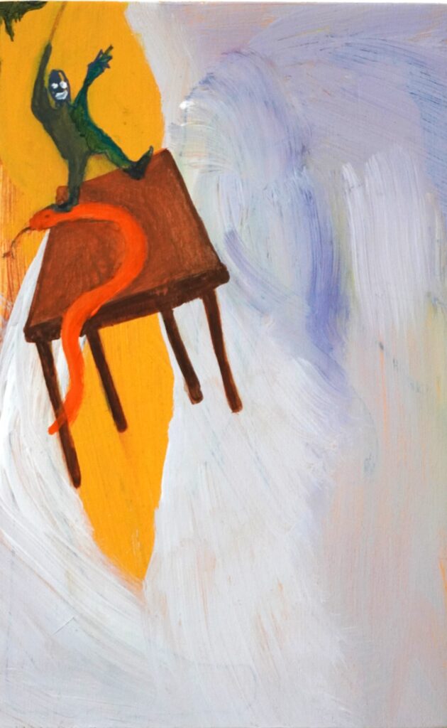 Project. Rondom de tafel. De tafel en de slang. 15 x 24 cm. acryl op hout