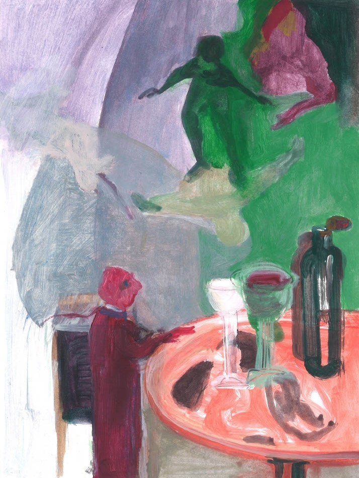 Project. Rondom de tafel. Het is balanceren. 21 x 29.7 cm. acryl op papier.