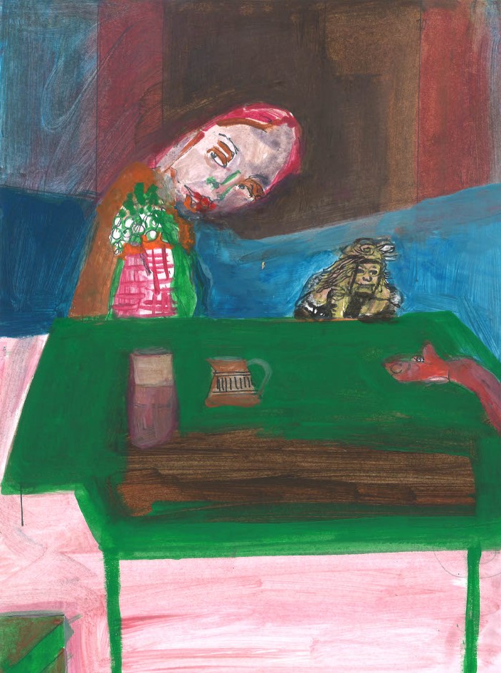 Project. Rondom de tafel. Het meisje, de tafel en de slang. 21 x 29.7. cm. acryl op papier