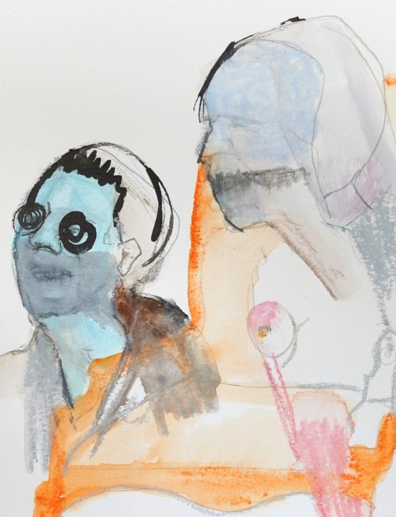 Project. Rondom de tafel. Samen. 14.8. x 21cm. acryl en mixed media.