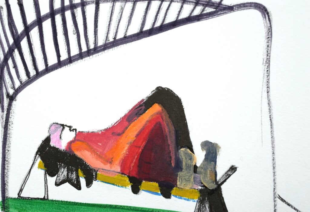 Project. Rondom de tafel. Spanning. 14.8 x 21 cm. Acryl en olie op papier.