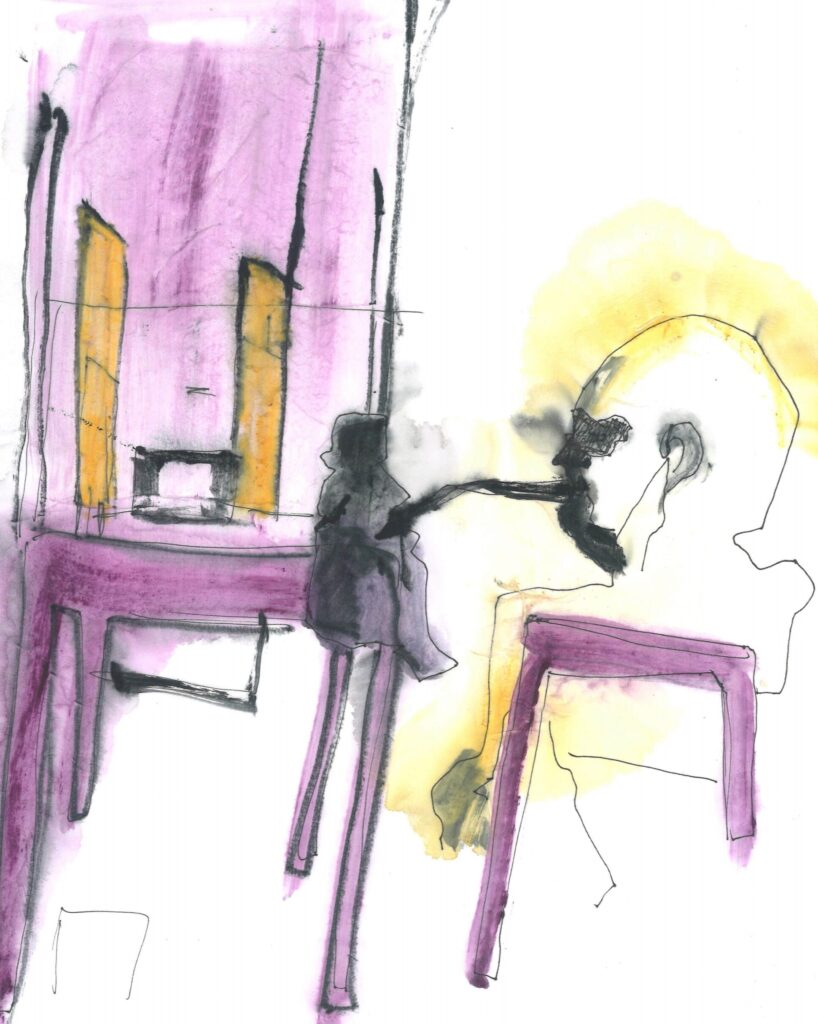 Project. Rondom de tafel. Studie. Zoonlief en de tafel. 29.7 x 42 cm. Mixed media.
