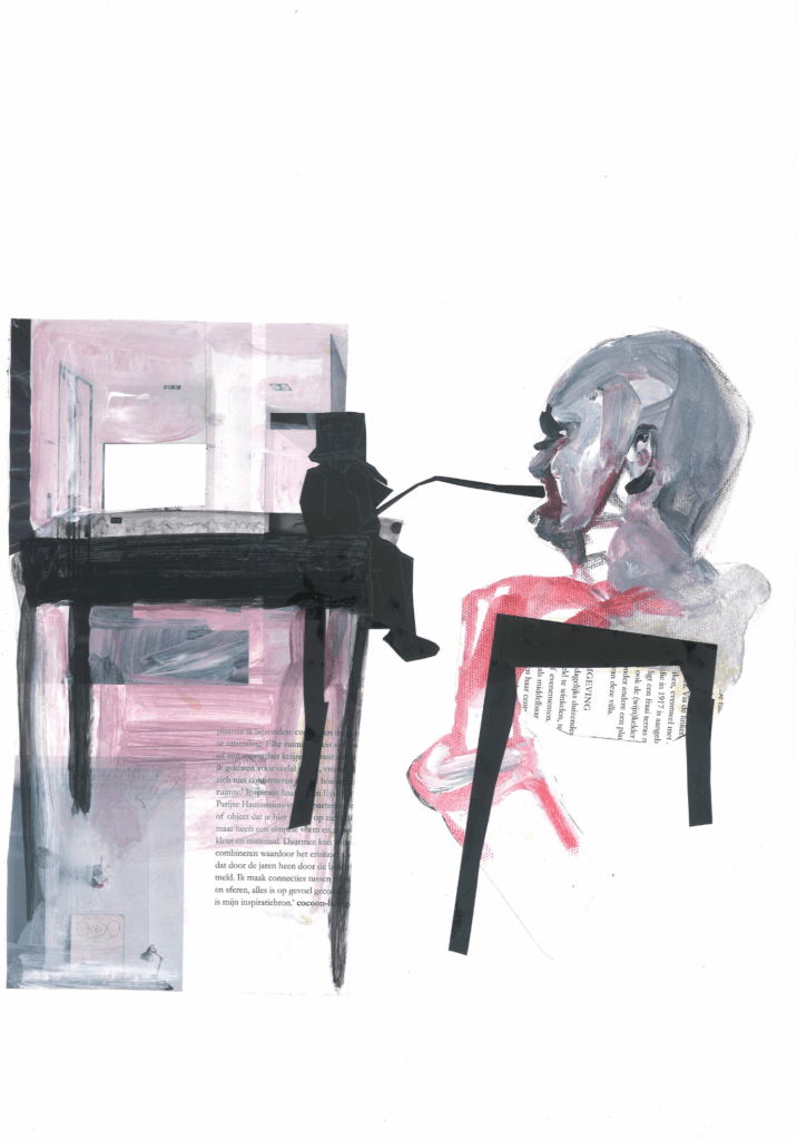 Project. Het alledaagse. Het lijntje met de tafel. 29.7 x 42 cm. collage en mixed media.