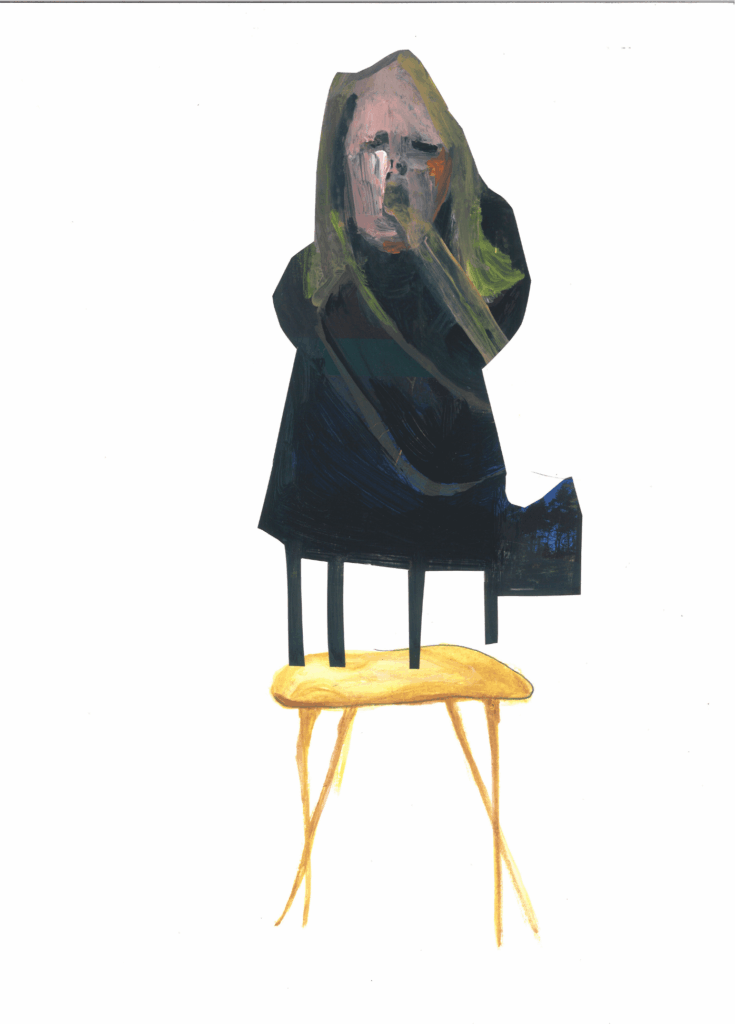 Het tafelmeisje. De bron. 29.7 x 42 cm. collage en acryl op papier.