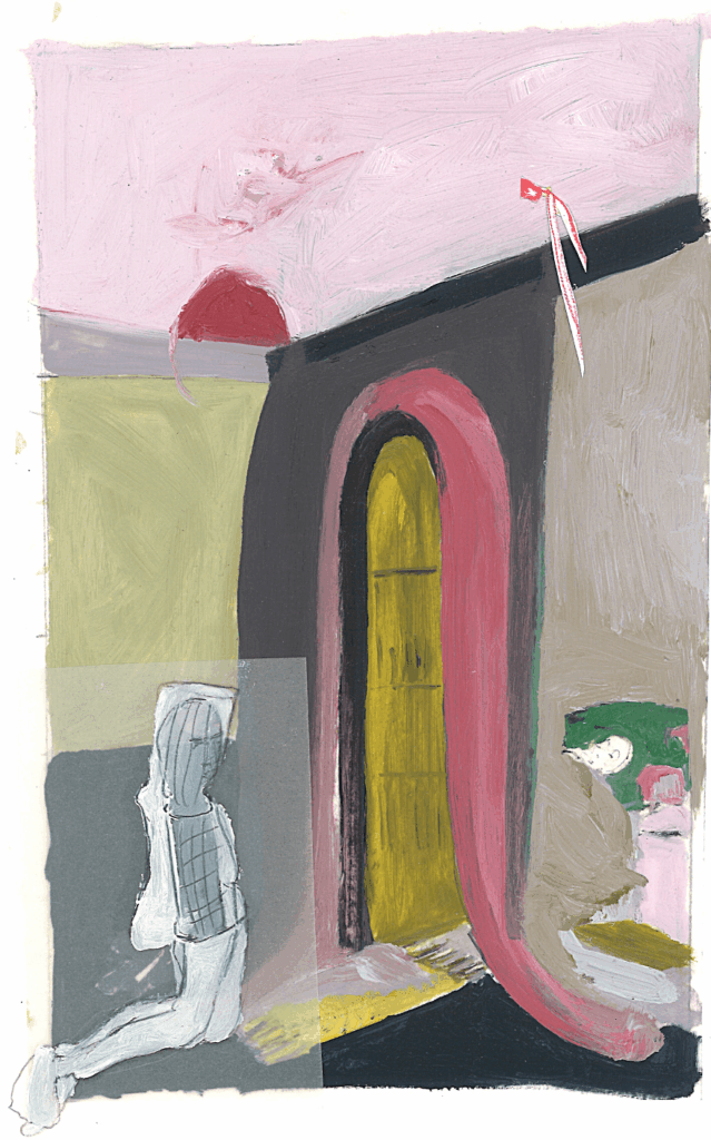 Project. Het alledaagse. Op het gele matje. 29.7 x 42 cm. collage en acryl op papier