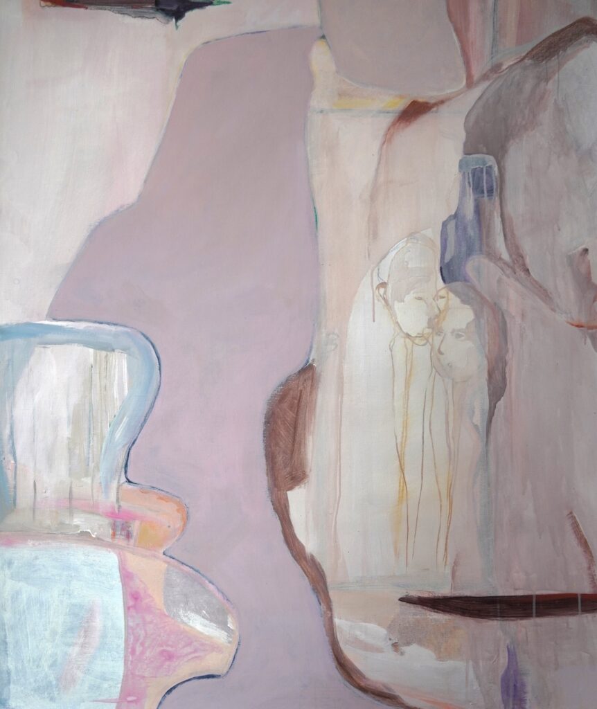 Rondom de tafel en de sporen. De tafel de het allemaal hoorde. 80 x 100 cm. acryl op linnen