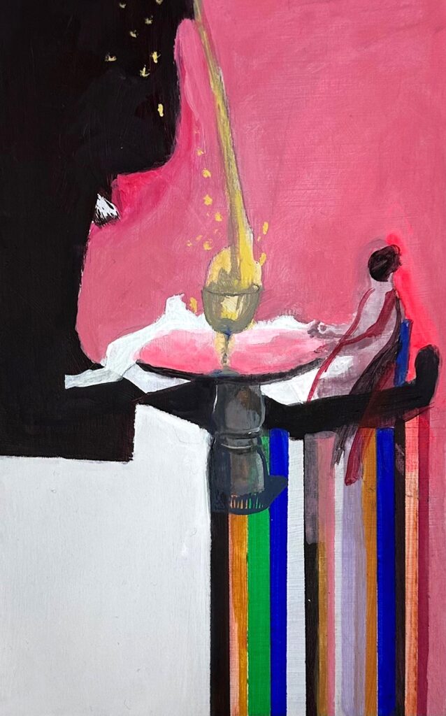 rondom de tafel. Aan tafel. 14 x 24 cm. acryl op hout