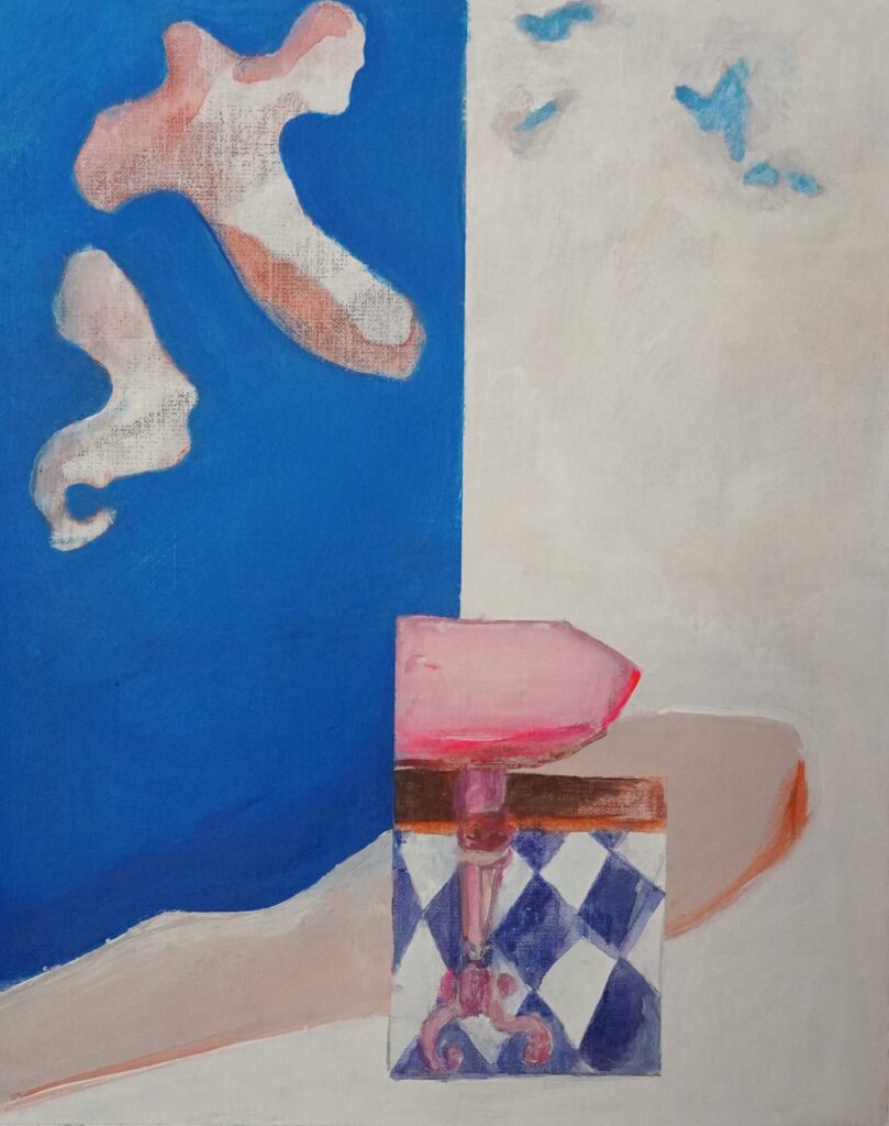 Rondom de tafel en de sporen. De sporen en de tafel. 27 x 35 cm. acryl op linnen